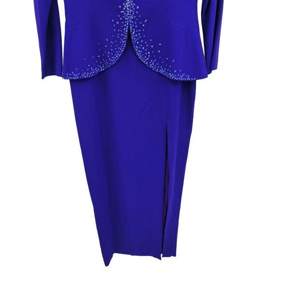 Vintage 80's Daymor Couture Gown 6 Blue Peplum Beaded Front Slit Modest Sexy - Picture 9 of 17